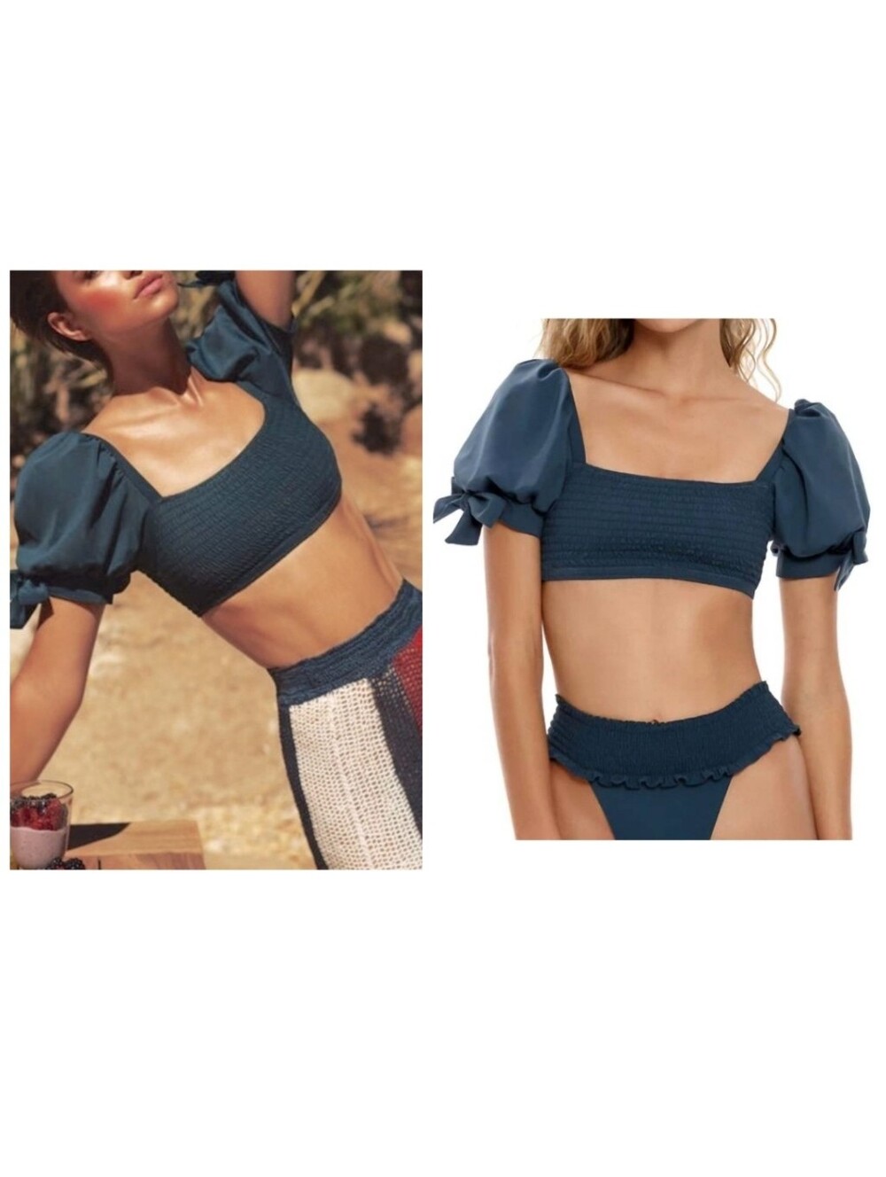 Agua Bendita Eileen Teal Boho Puff Sleeve Crop Bikini Top S Resortwear Feminine